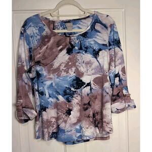 Chicos Purple Blue Artsy Floral 3/4 Sleeve Blouse Top Women's 2 (L)(1085)